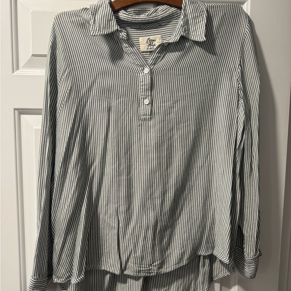Striped olive green  and White Button-Up Shirt
